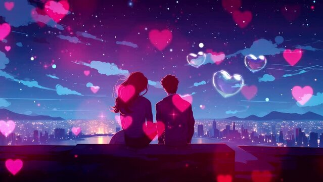 a couple watch falling star in night, love after marriage romantic moment video background anime style cartoon	
