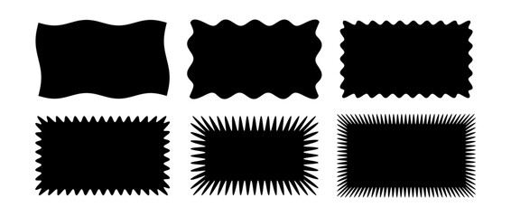 Zig zag wavy edge rectangle shape collection. Jagged rectangular form set. Black graphic design element pack for decoration, banner, poster, template, sticker, badge, label, tag, flyer. Vector bundle