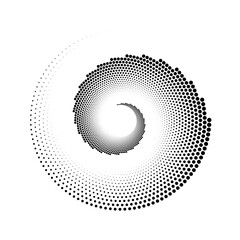 Dotted spiral lines element. Radial spinning halftone texture. Circle swirl dots shape. Abstract geometric shell background for poster, banner, logo, icon, collage, tattoo. Vector illustration