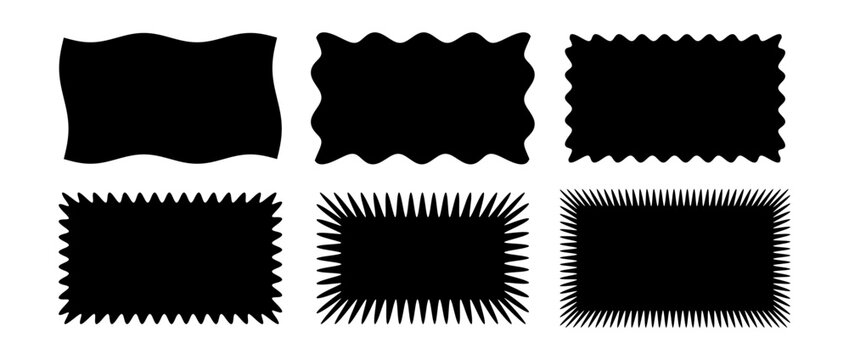 Zig zag wavy edge rectangle shape collection. Jagged rectangular form set. Black graphic design element pack for decoration, banner, poster, template, sticker, badge, label, tag, flyer. Vector bundle