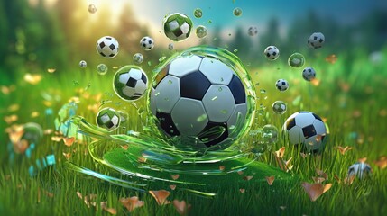 Dynamic Football Element Concept: 3D Illustration of Sport Ball Design with Smartphone Screen, Green Grass Field, and Online Sport Live - Abstract Football Technology in Action