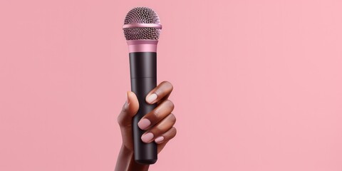 A panoramic mock-up image featuring a hand holding a microphone against a pink background. This composition provides a layout for showcasing or simulating microphone use within a pink-themed setting.