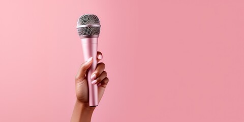 A panoramic mock-up image featuring a hand holding a microphone against a pink background. This composition provides a layout for showcasing or simulating microphone use within a pink-themed setting.