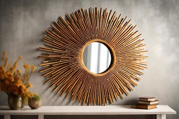 Sunburst Mirror: Circular mirror framed with radiating wooden sunburst spokes, painted in warm hues to add a burst of sunshine to any room.