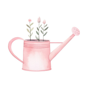 Watercolor illustration of pink watering can with flowers isolated on background.