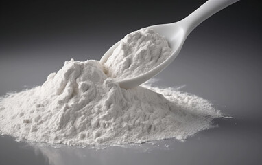 Scoop with white protein powder on grey background. Dietary supplement