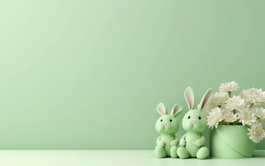 Light green wall mock up with copy space decorated in Easter style with white flowers and cute bunnies