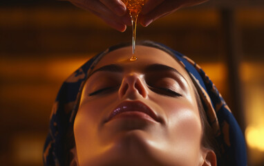Ayurvedic oil treatment on woman forehead in spa - obrazy, fototapety, plakaty