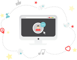 Digital png illustration of media icons and computer on transparent background