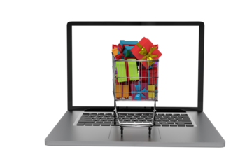 Digital png illustration of laptop and cart with presents on transparent background