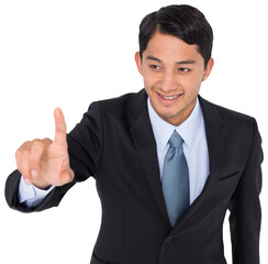 Digital png photo of caucasian businessman pointing finger on transparent background