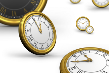 Digital png illustration of golden clocks on transparent background
