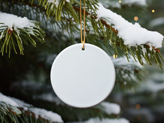 White flat ornament mock up. Plain white flat circle ceramic christmas ornament with a gold string, on christmas tree branch