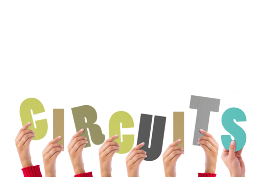 Digital png illustration of hands and circuits text on transparent background