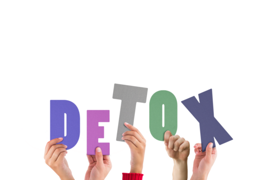 Digital png illustration of hands and detox text on transparent background