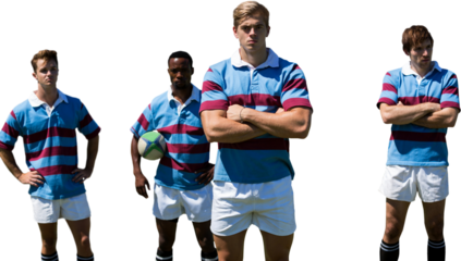 Digital png photo of serious diverse male rugby players with ball on transparent background