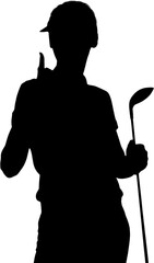 Digital png silhouette of female golf player raising finger on transparent background