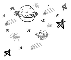 Digital png illustration of planets, stars and ufo ships on transparent background