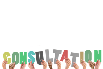 Digital png illustration of hands and consultation text on transparent background