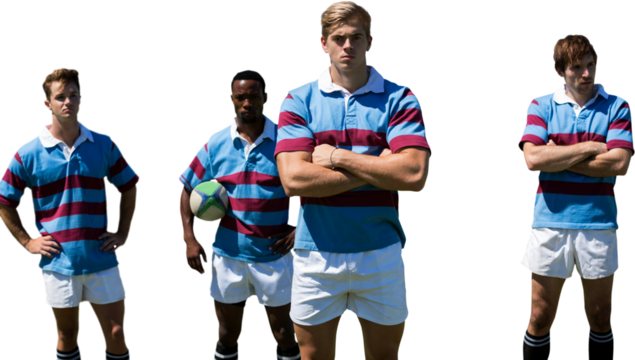 Digital png photo of serious diverse male rugby players with ball on transparent background