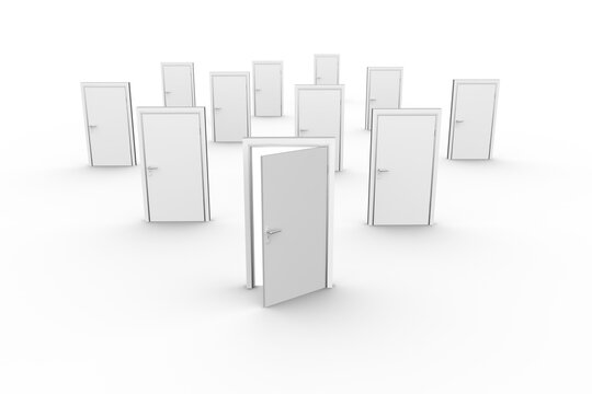Digital png illustration of many white doors and one open on transparent background