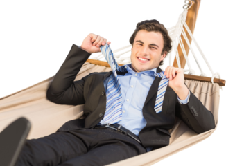 Digital png photo of happy caucasian businessman lying on hammock on transparent background