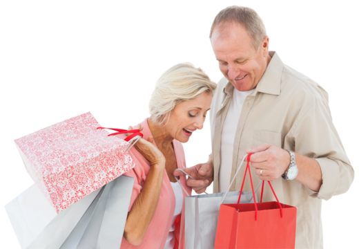 Digital png photo of happy senior couple with shopping bags on transparent background