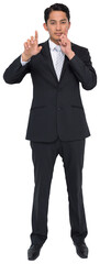 Digital png photo of focused biracial businessman pointing finger on transparent background
