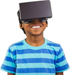Digital png photo of happy african american boy using vr glasses on transparent background