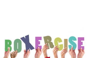 Digital png illustration of hands and boxercise text on transparent background