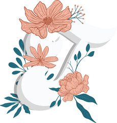 Digital png illustration of decorative white t letter with flowers on transparent background