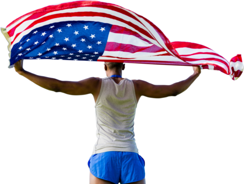 Digital png photo of african american man running with usa flag on transparent background