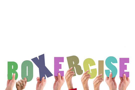 Digital png illustration of hands and boxercise text on transparent background