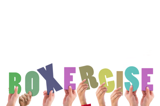 Digital png illustration of hands and boxercise text on transparent background
