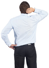 Digital png photo of caucasian businessman scratching head and looking up on transparent background