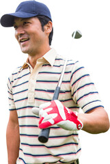 Digital png photo of happy asian golf player smiling on transparent background