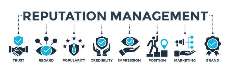 Reputation management concept with icon of trust, regard, popularity, credibility, impression, position, marketing and brand. Banner web icon vector illustration