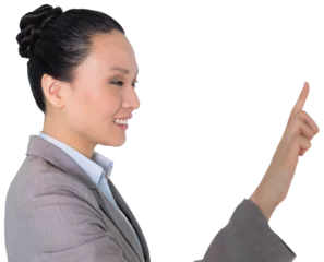 Rolgordijnen Aziatische plekken Digital png photo of happy asian businesswoman pointing finger on transparent background