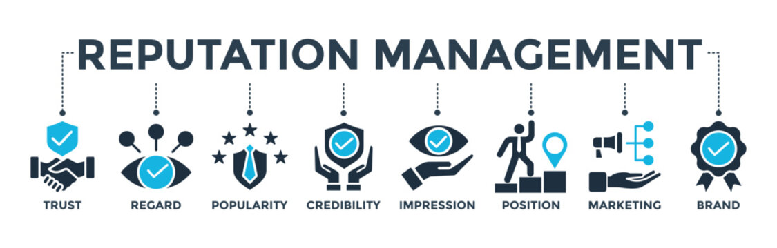 Reputation management concept with icon of trust, regard, popularity, credibility, impression, position, marketing and brand. Banner web icon vector illustration
