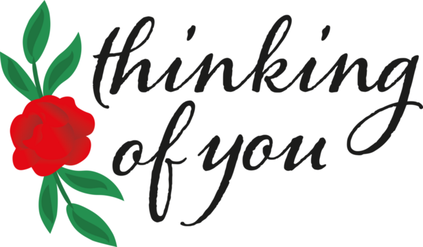 Digital png text of thinking of you and red rose with leaves on transparent background - Powered by Adobe