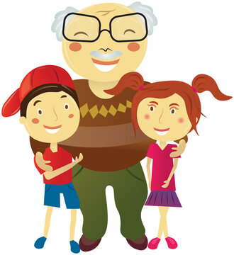 Digital png illustration of happy grandfather with grandchildren on transparent background