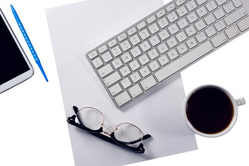 Digital png illustration of keyboard, paper sheet, smartphone, copy space on transparent background