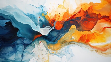A Beautiful abstraction of liquid paints in slow blending flow mixing together gently, colorful, abstract, color, abstract background. - obrazy, fototapety, plakaty
