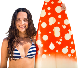 Digital png photo of smiling biracial holding surf board on transparent background