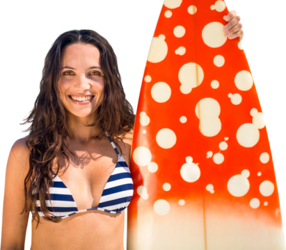 Digital png photo of smiling biracial holding surf board on transparent background