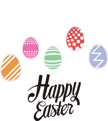 Digital png illustration of happy easter text with colourful eggs on transparent background
