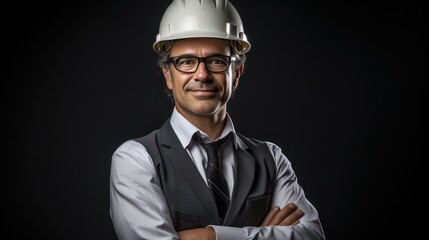A Expert engineering consultant with arms crossed looking at camera, side view, half body shot, black isolated background, PNG,