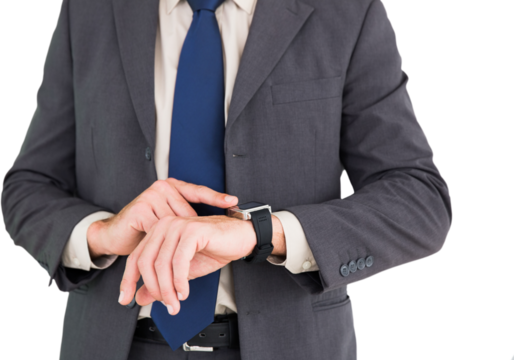 Digital png photo of caucasian businessman midsection, using smartwatch on transparent background