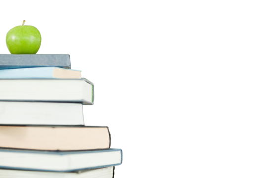 Digital png illustration of pile of books and apple on top with copy space on transparent background