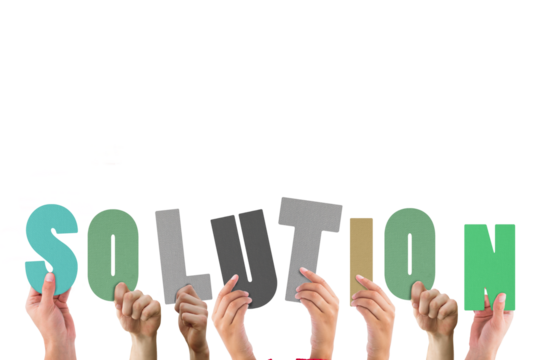 Digital png illustration of hands holding solution text on transparent background